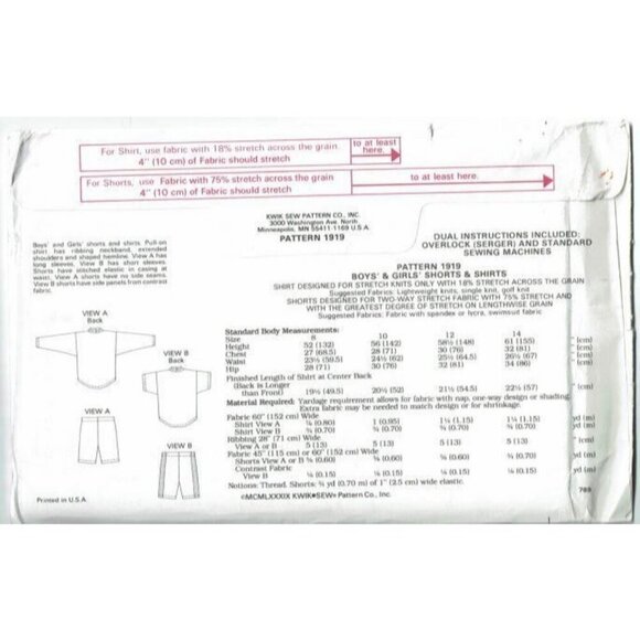 Kwik Sew Sewing Pattern 1919 Childs Shirt Shorts S - Picture 2 of 2